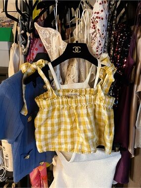 NERANESE - 100 percent LINEN  Yellow Gingham Tie-Shoulder Crop Top size XS 🍋🍋🍋🍋🍋